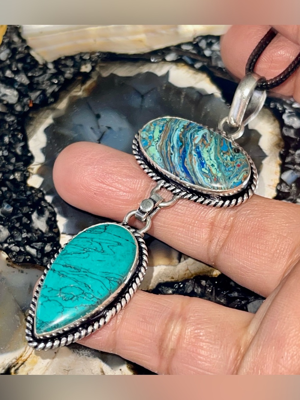 Blue Green Rainbow Calsilica Pendant 3 1/4”